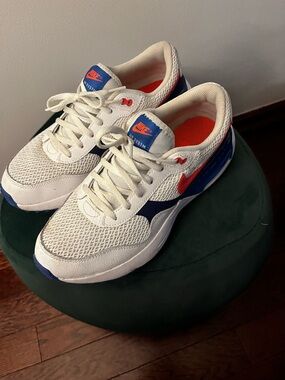 Nike White Sneakers with Red Swoosh and Blue Heel Accent